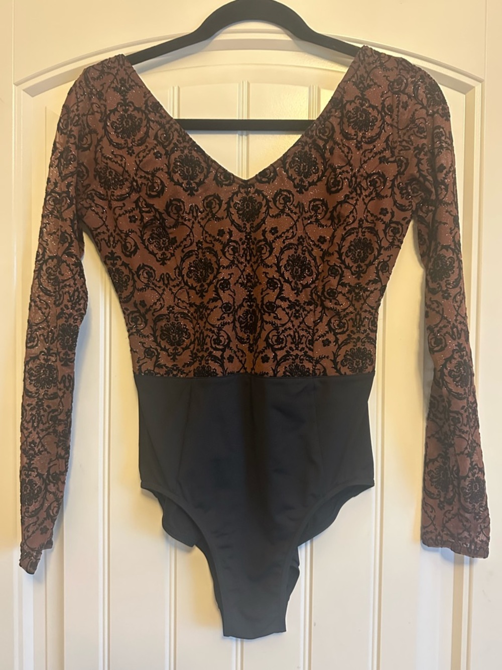 Capezio Brown Velvet Burnout and Black Long Sleeve V-Neck leotard